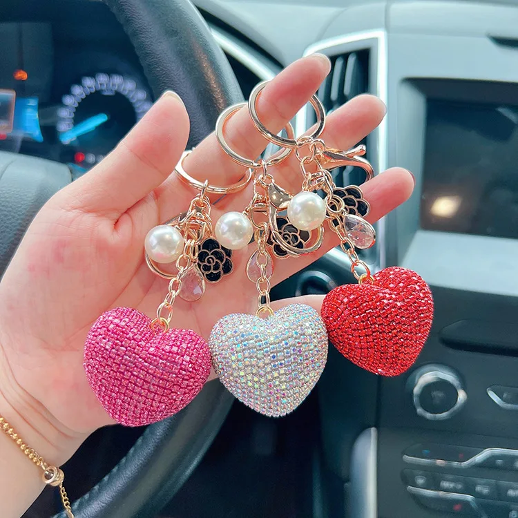 

High Quality Rhinestone Creative Diamond Peach Heart Car Keychain for Girls Gift Bag Pendant