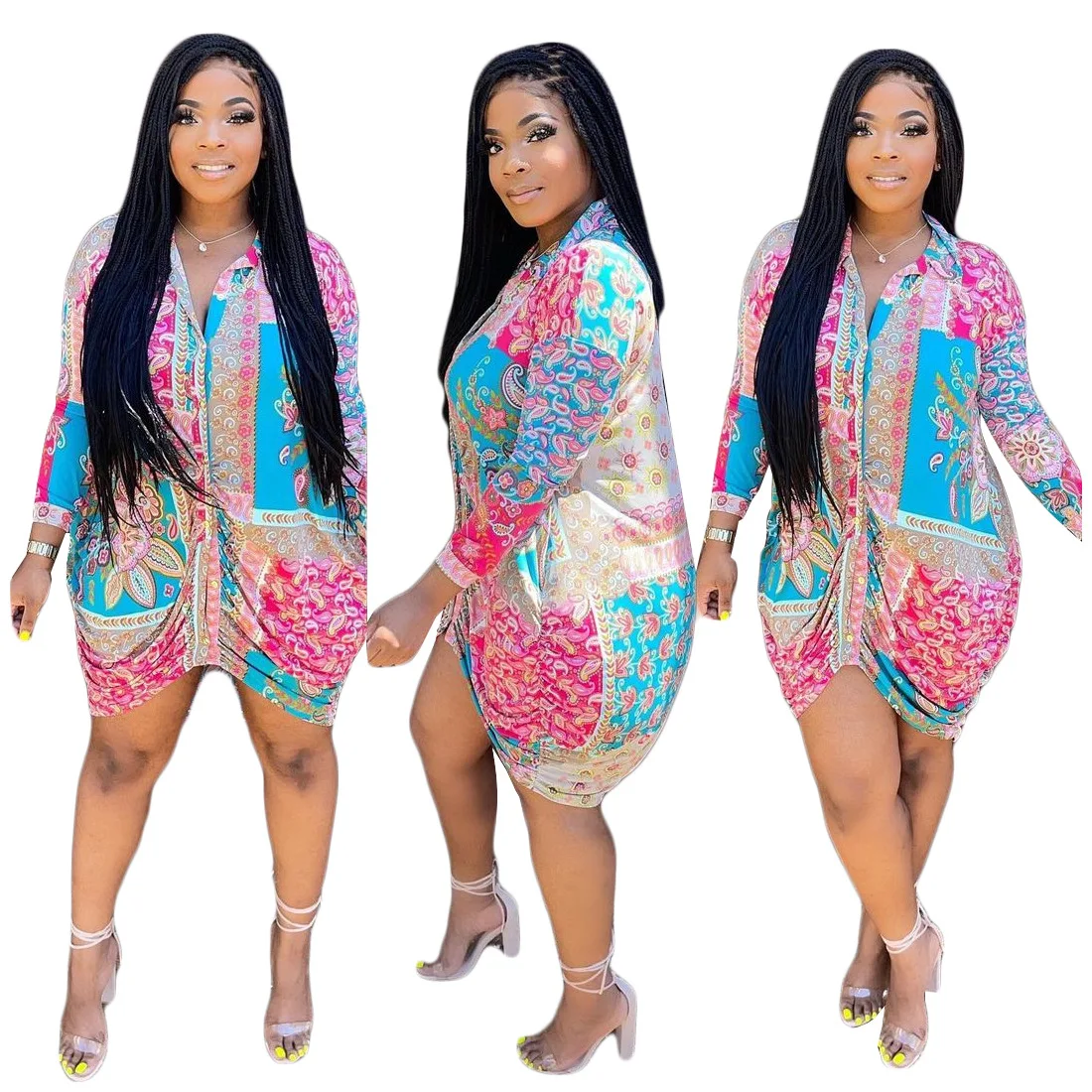 

women fall 2021 clothes fashion digital printing colorful women's shirt dress in stock woman's shirts