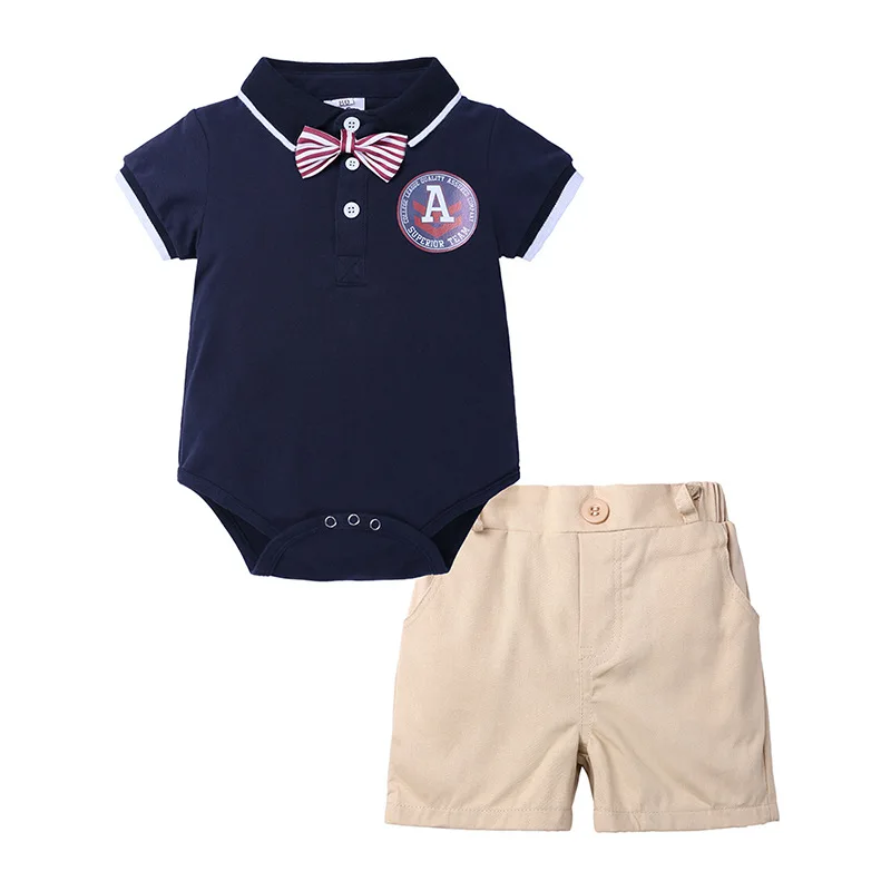 

Hot Sales Newborn Baby Boy Clothes Set 100% Cotton Gentleman Lapel Romper Shorts 2 pcs Suit New Born Baby Clothes Set, As picture