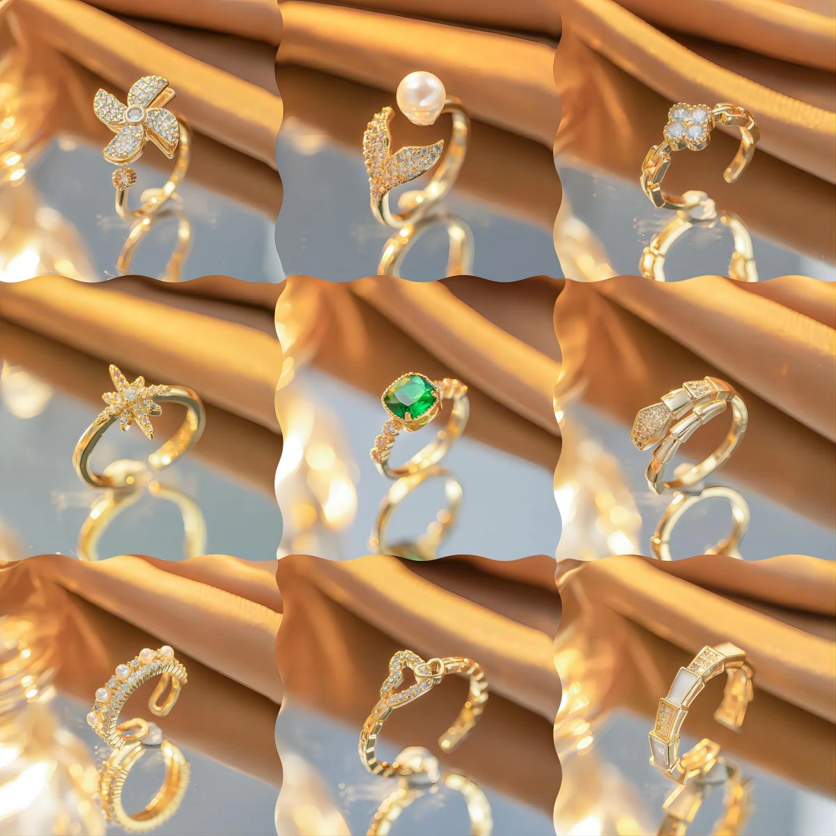 

Luxury green zircon fishtail diamond pearl ring rotating windmill exaggerated snake-shaped opening adjustable for women ring