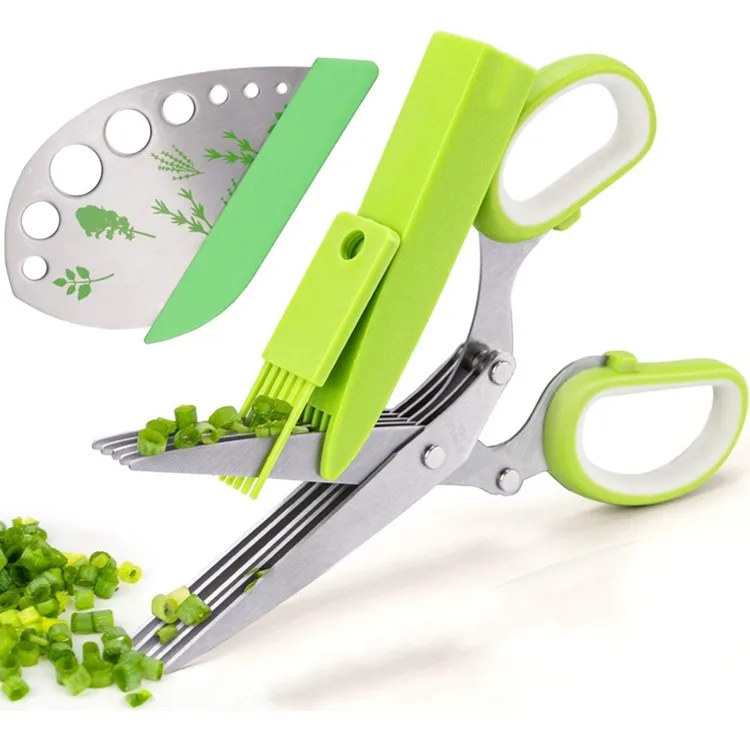 

Multi-Function Kitchen Stainless Steel 5 Blade Herb Scissor Brush Set Stripper Shears Vegetable Herb Scissors