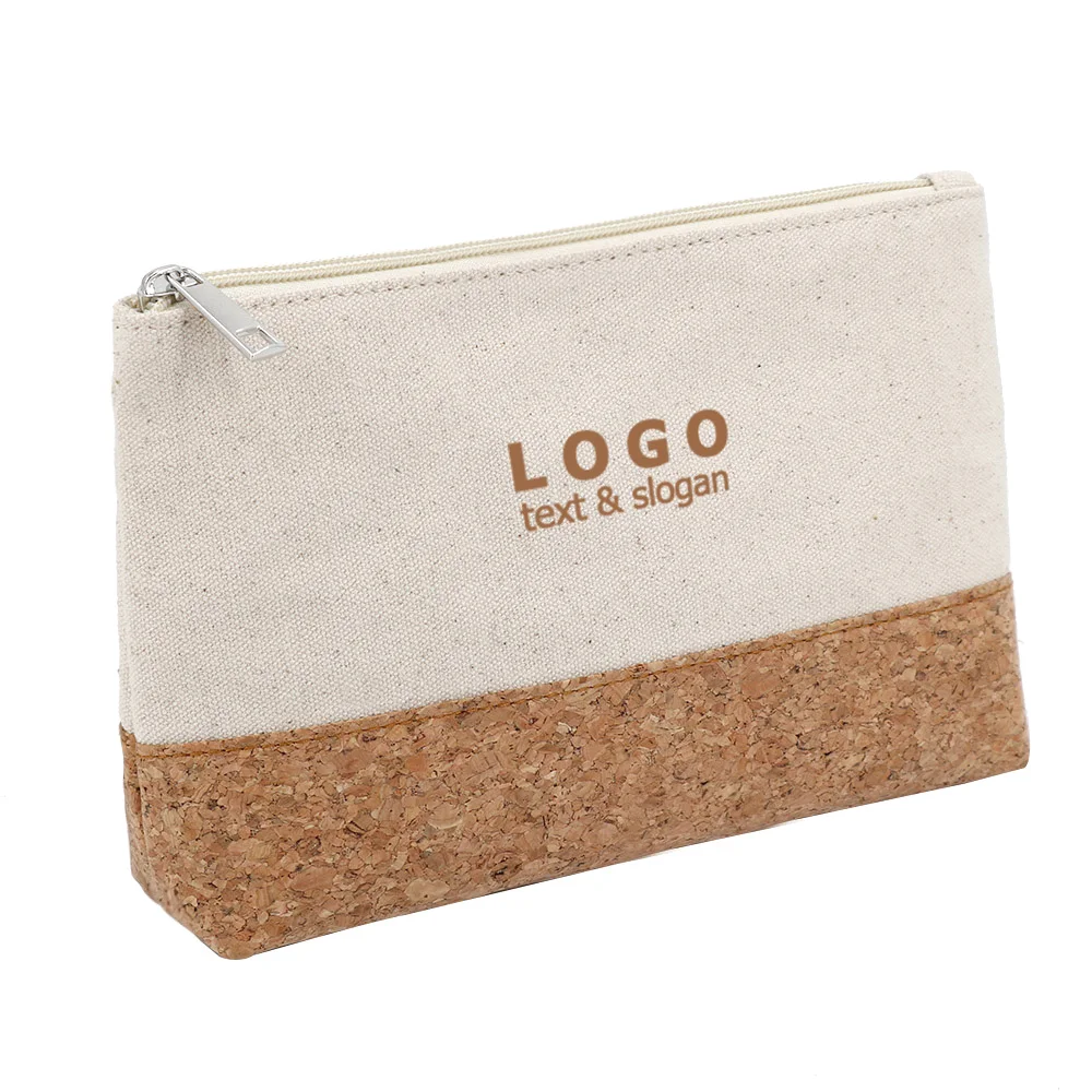 

Custom Natural Canvas Cork Makeup Toiletry Organizer Pouch Bag Bulk Recyclable Zippered Logo Printed Eco Travel Unique Gift Bag