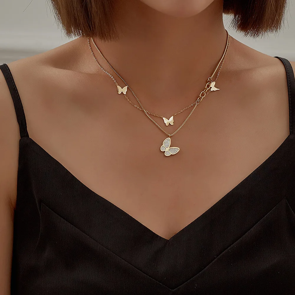 

NEULRY Fashion New Stainless Steel Gold Double Shell Butterfly Pendant Necklace
