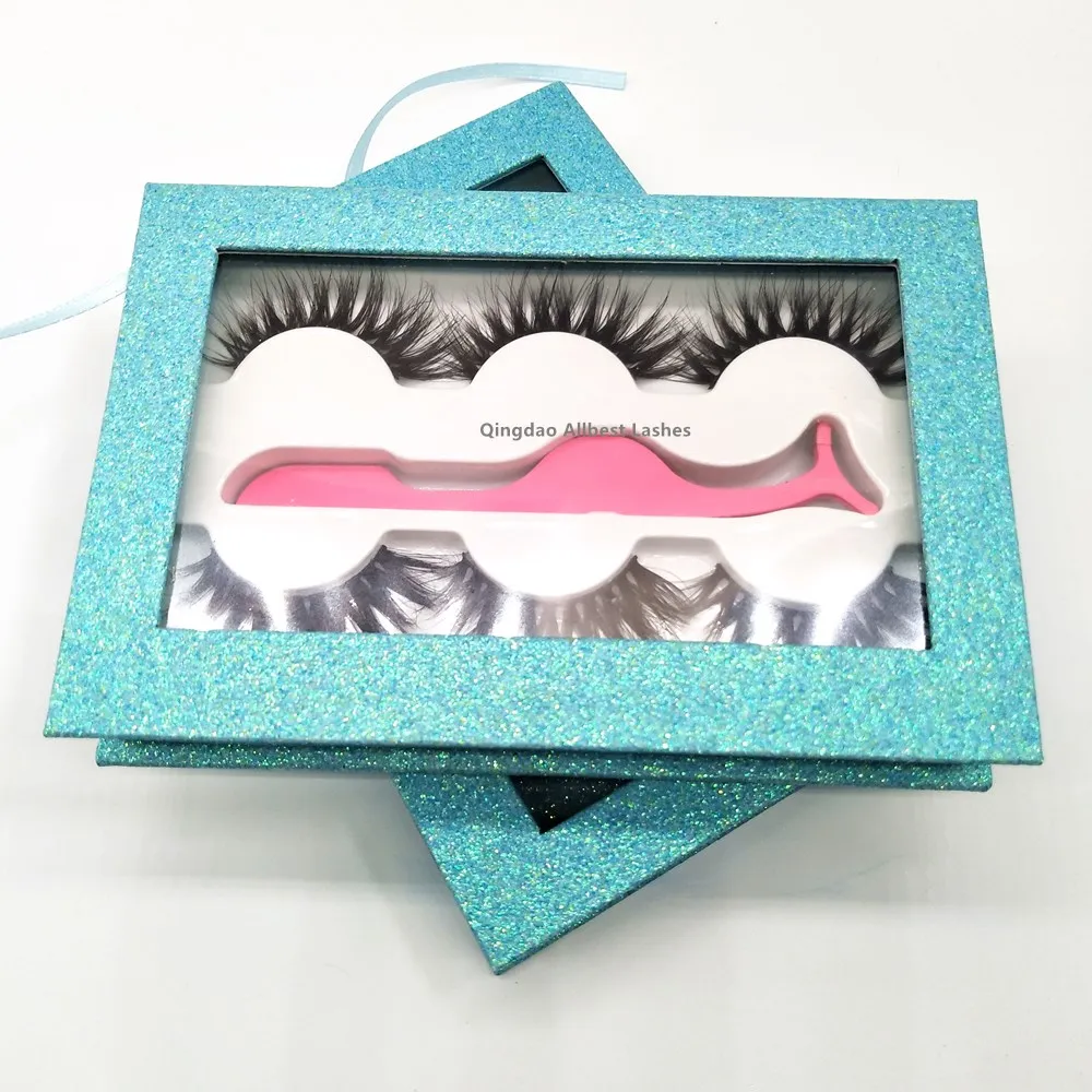 

Hot Sale mink lashes and wholesale eyelash boxes fluffy mink lashes 3 pairs eyelash set with tweezers, Natural black