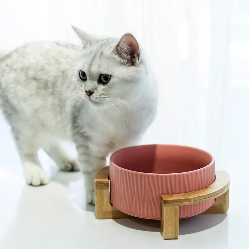 

Customized elevated ceramic pet bowl cat dog food water bowl pet ceramic feeder bowl with bamboo frame stand, White, yellow, green, pink