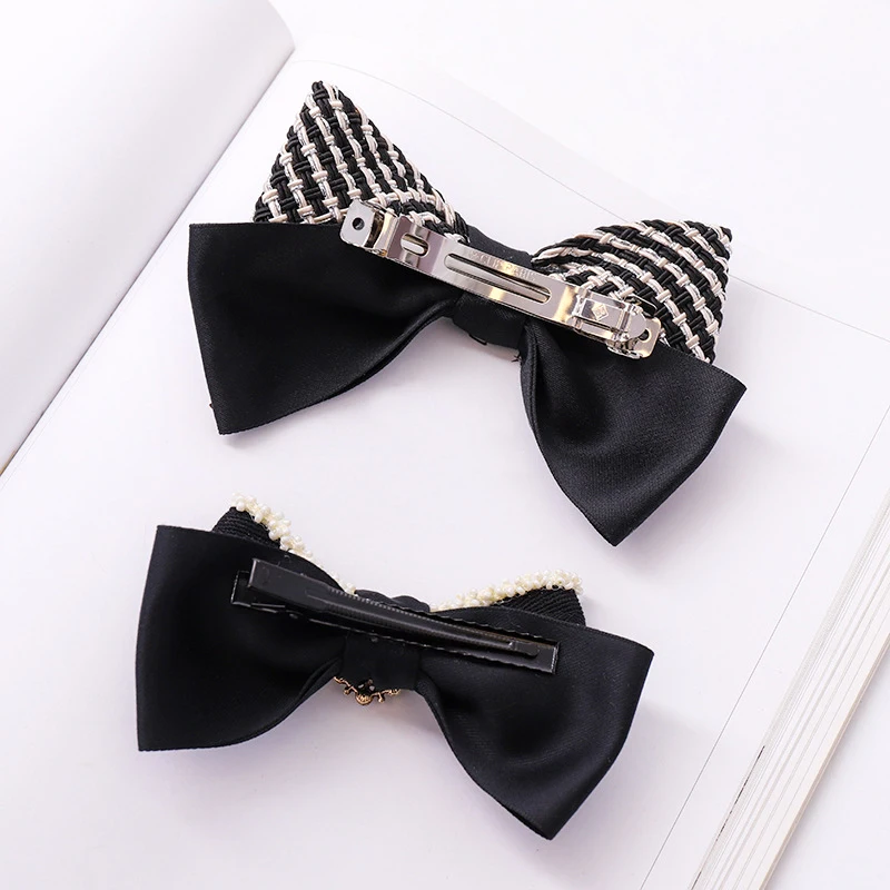 

Korean Fashion New Hair Clip ladies pure color Striped checked cloth Hand Beaded Ribbon Bow Diamond Hairgrips