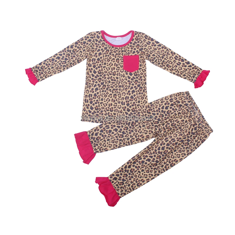 

New Design Children Two Pieces Outfits Long Ruffle Sleeve Girl Leopard Clothing Set with Pocket