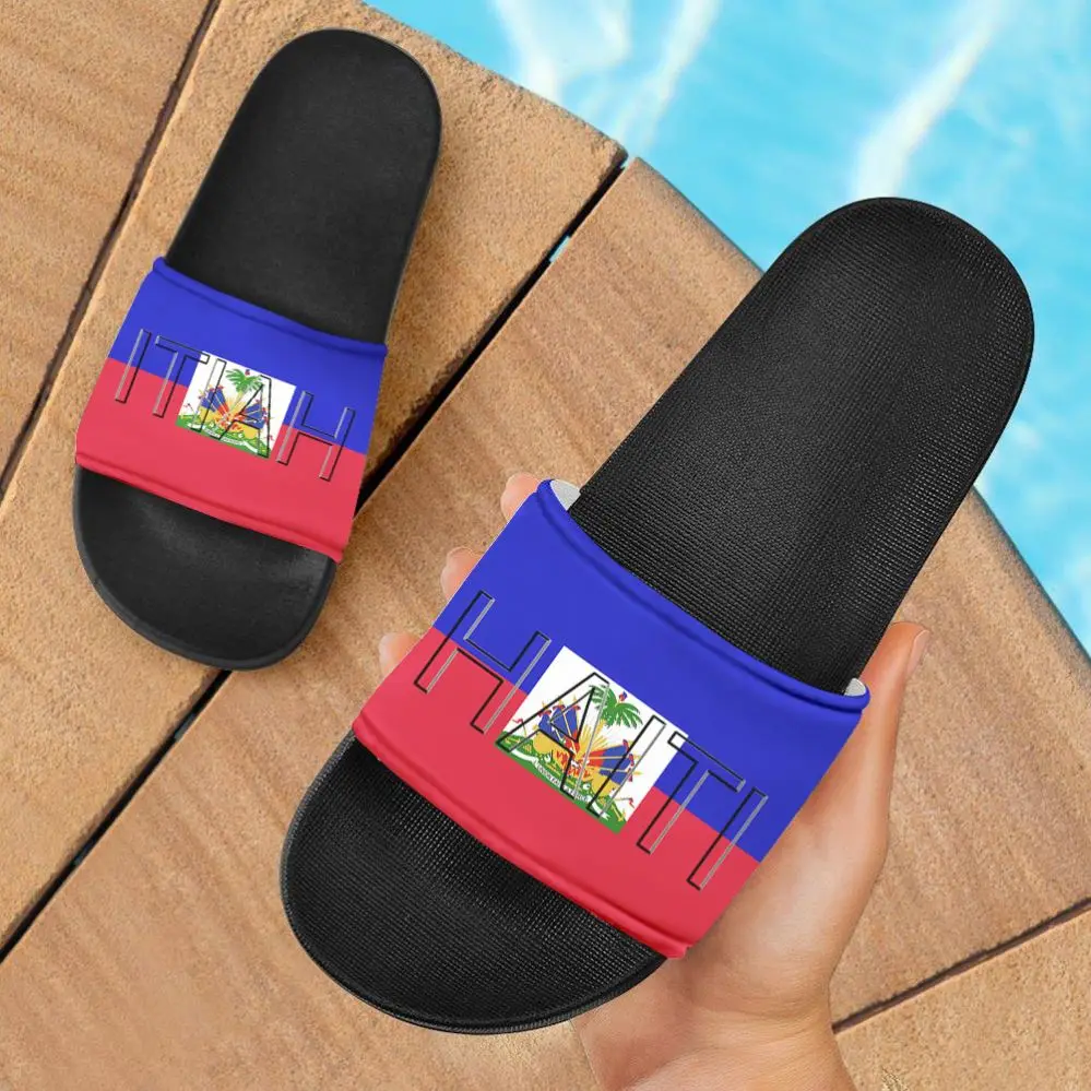 

Haitian Flag Design Women Men Unisex Beach Slides Sandal Soft Black Soles Eva Slippers 2021 Haitian Shoes With Flags Printing, Like picture shows,support custom