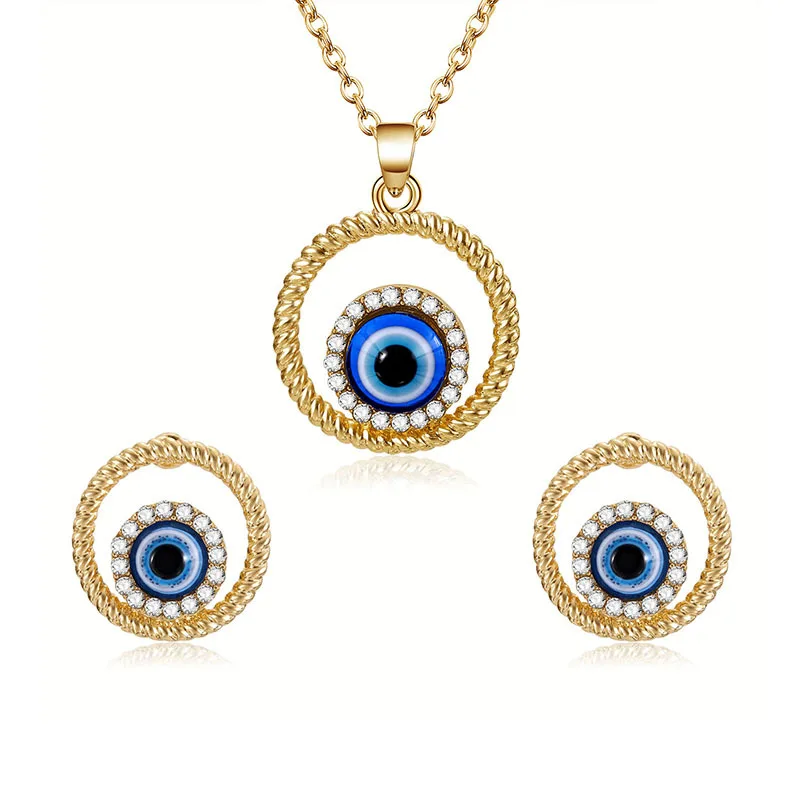 

2020 Fashion Blue Evil Eyes Necklace Earring Sets Gold Color Chain Round Eyes Sets For Women Summer