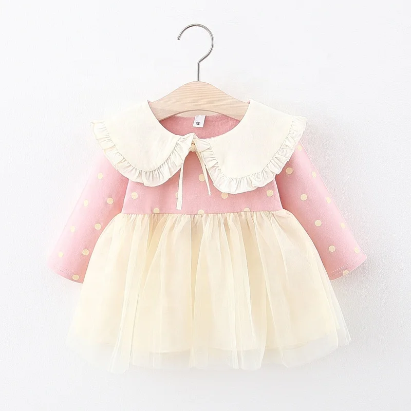 

B51878A Korean little girls spring new clothes lovely dot printed dress, Pink/yellow/orange