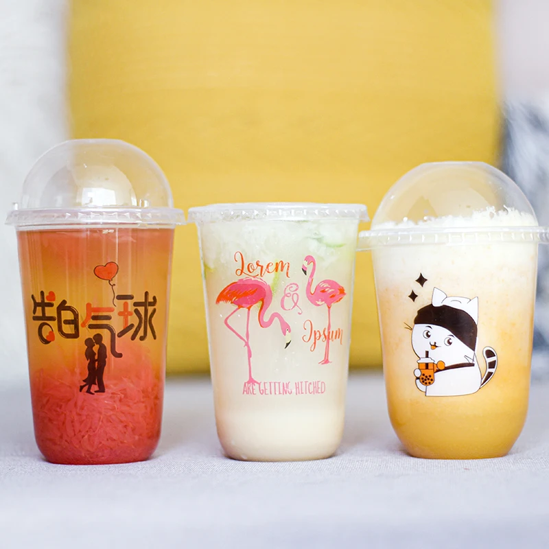 

Wholesale custom printing U shape pp 16/24oz 90 caliber disposable plastic bubble tea cup with dome lid