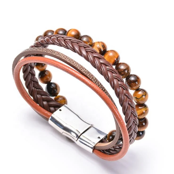 

Trendy Leather Rope Braided Leather Men Bracelet Natural Stone Beaded Bangle Jewelry