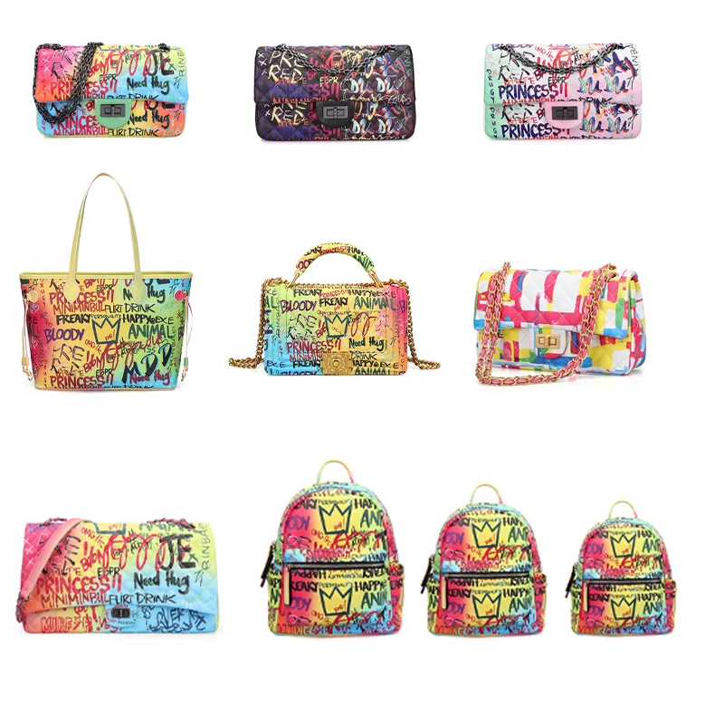 

Hot Sale Fashion purses pu leather designer crossbody handbags famous brands ladies women shoulder bag purse graffiti hand bags