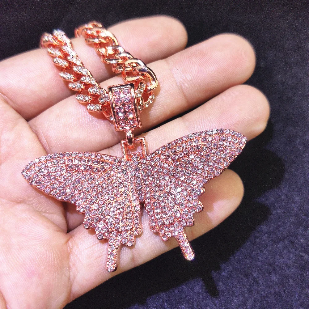 

8mm Miami Cuban Link Pink Big Butterfly Necklace Gold Rope Chain Hip Hop Necklace Gold Chain, Gold ,silver, rose gold
