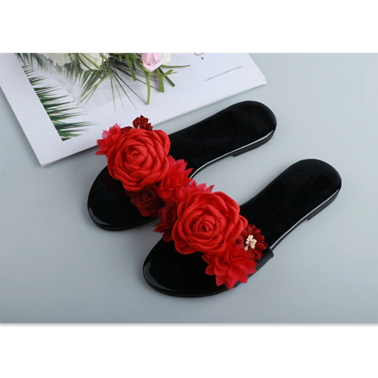 

2021 new arrival ladies slippers flat black sole PVC slides sandals with a beautiful flower for women girls, Customized color