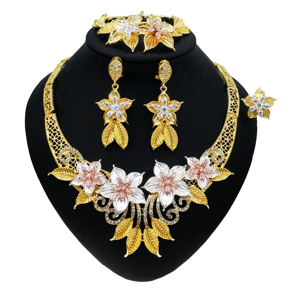 

Yulaili 24K Dubai Gold Flowers Fashion Hot Sale Bridal Wedding Crystal Gold Necklace Earrings Bangle Ring Jewelry Set