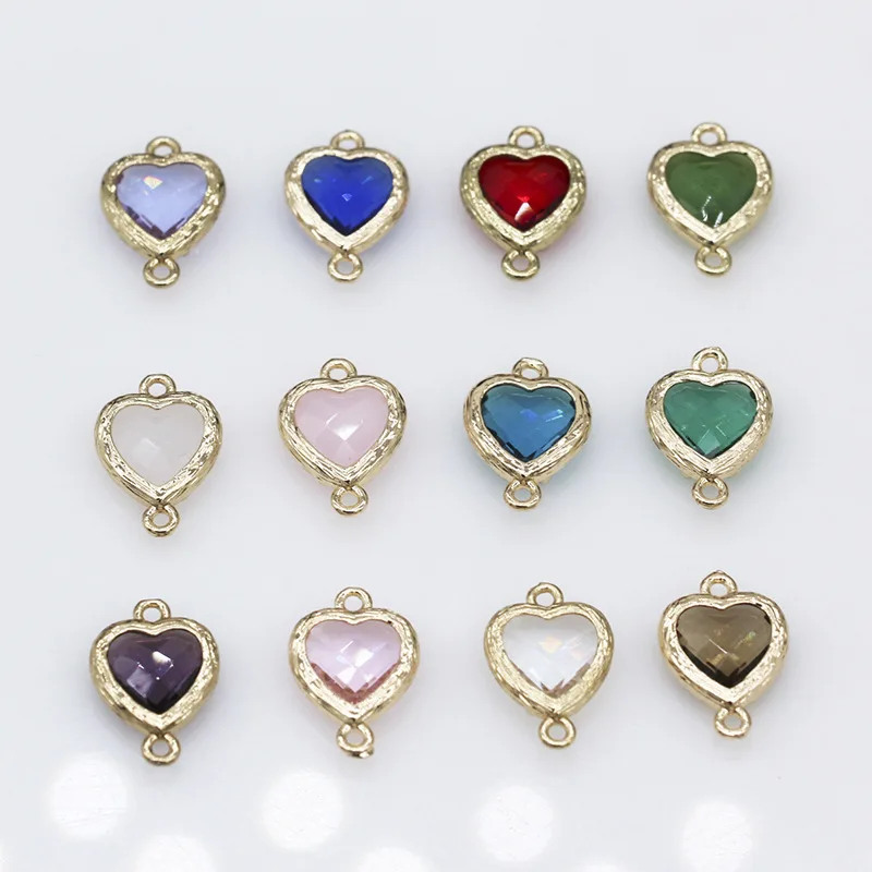 

Wholesale Enamel Brass Tray Peach Heart Charms Double Hole Red Blue Glass Heart Charms DIY Jewelry Accessories