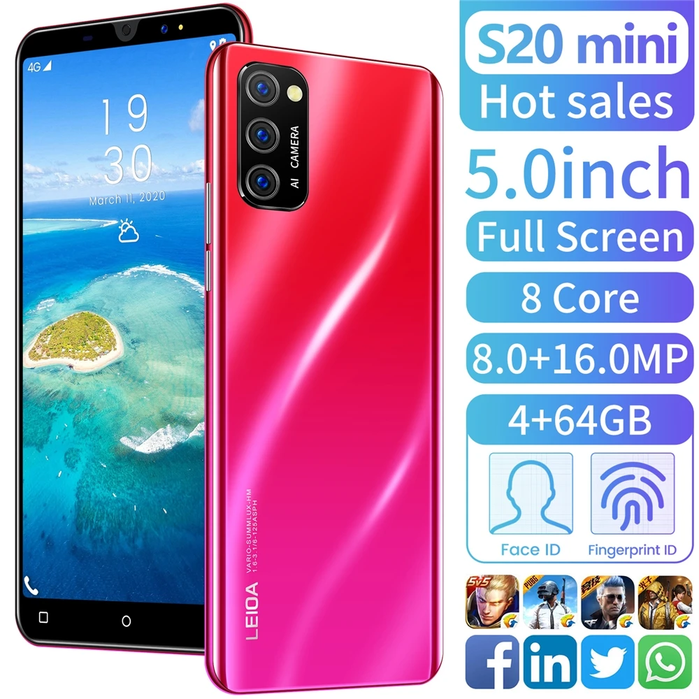 

cheap China Phone S20 MINI SmartPhone 5.0 Inch Global Delivery HD Droplet Screen 4GB+64GB unlocked Mobile Phone game smartphone, Blue ,black ,red