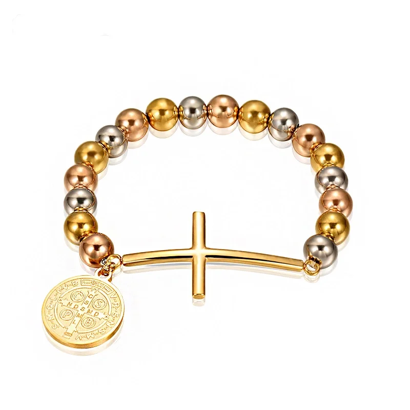 

BAOYAN Tri Color Stainless Steel Bead Bracelet Catholic Cross Bracelet, Multi color