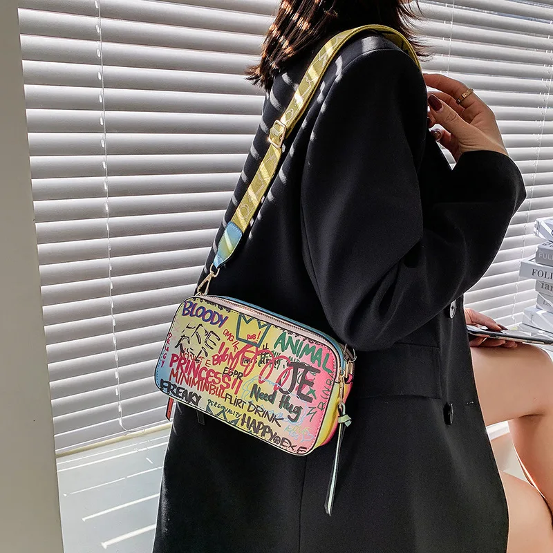 

TS9372 2021 Pu Leather New Fashion Designer Rainbow Color Purse Ladies Women Graffiti Purses Handbags Lady Handbag Graffiti Bags