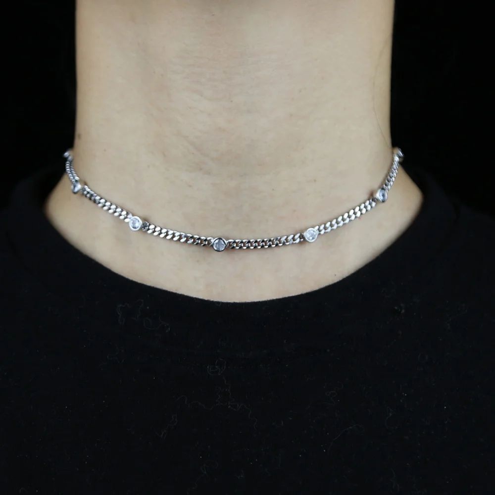 

New arrived 4mm cz paved station choker Necklace for Men Women 3mm Curb Cuban Link Chain Chokers plated silver color Solid Metal, As pic