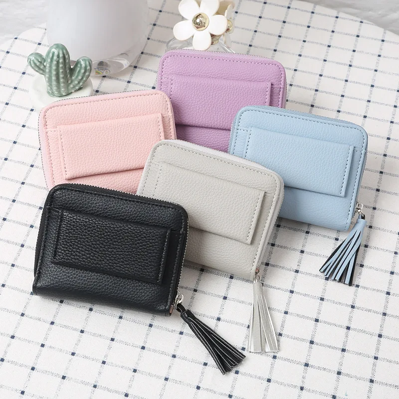 

New Korean Style Lychee Pattern Women Tassel Card Small Pocket Buckle Leather Coin Purse Short Student Wallet