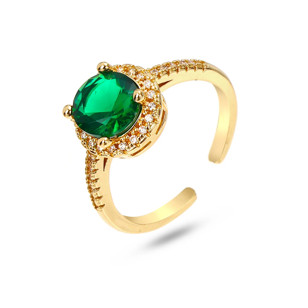 

Real Gold Plated Greenstone Round Finger Rings Gold Tone Square Zircon Green Adjustable Rings For Lady