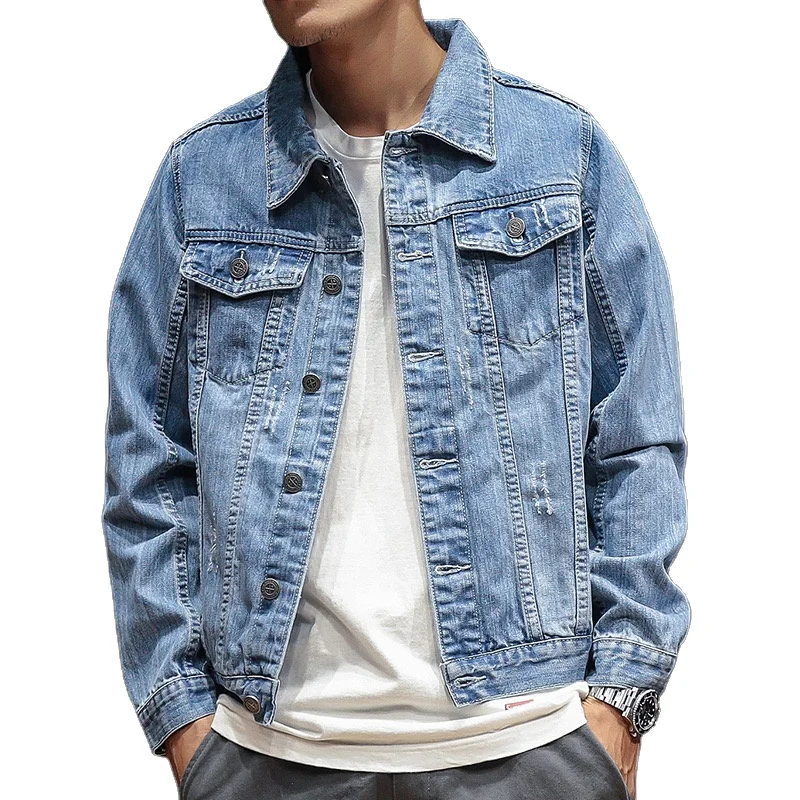 

Wholesale Custom Logo High Quality Classic Distressed Men's Blue Ripped Washed Denim Jacket, As picture