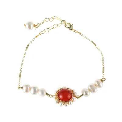 

Baroque Vintage Style Natural Red Agate Fresh Water Pearl Adjustable Bracelet Freshwater Pearl Bracelet