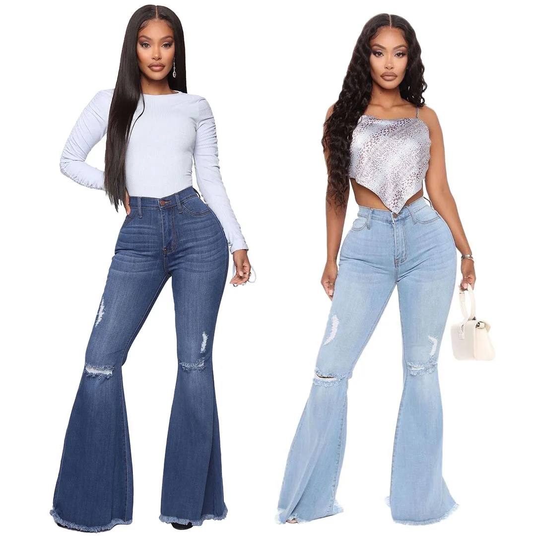 

Foma-HSF2323 Broken Hole Cotton Jeans Women High-Rise Wide-Leg Flared Plus Size Ripped Jeans Women Pants, As pictures