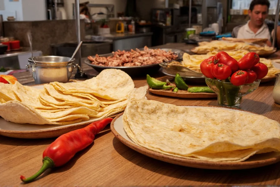 Traditional Mexican taqueria counter with handmade tortillas, fresh red peppers, and various meat options displayed