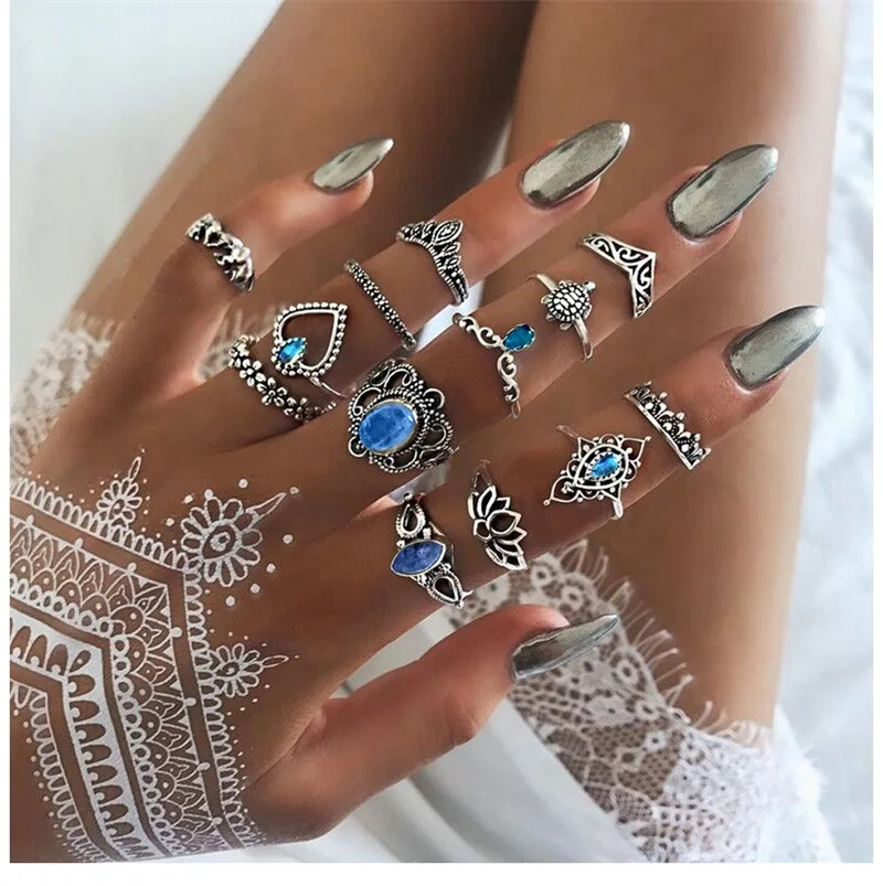 

13 Pcs/Set Fashionable European American Cross Border Hot Models Tortoise Lotus Diamond Gemstone Ring Joint Ring Set Jewelry, Silver