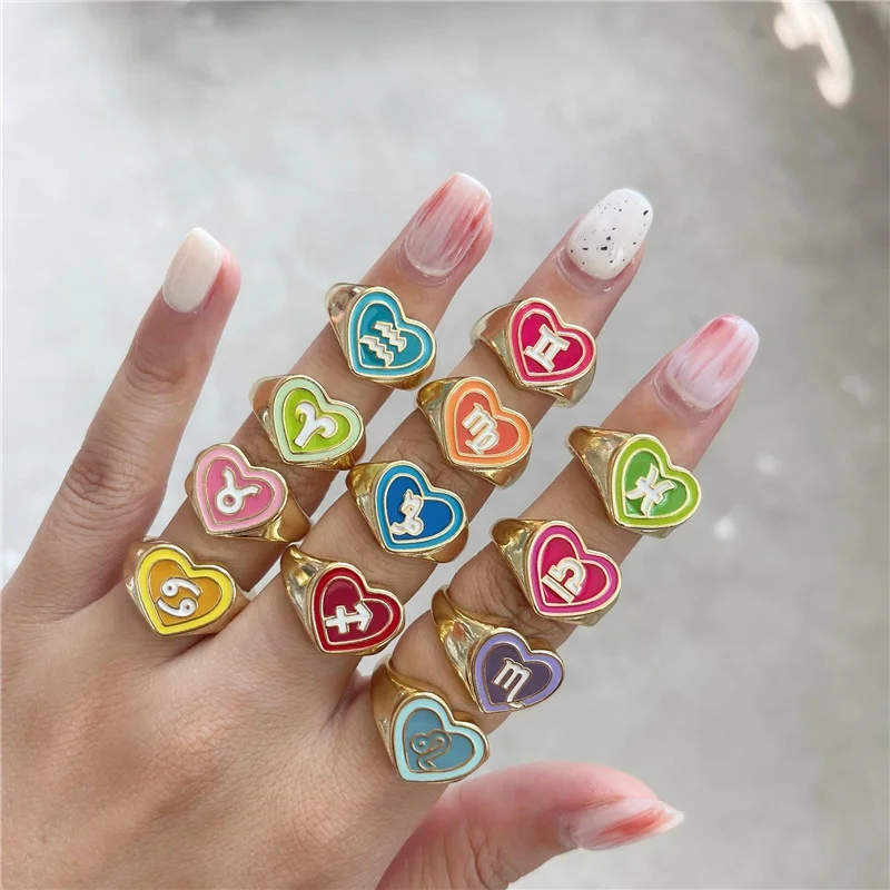 

Vintage Unique Enamel Colorful 12 Con-stellations Zodiac Double Layer Heart Adjustable Open Finger Ring Drip Oil Jewelry