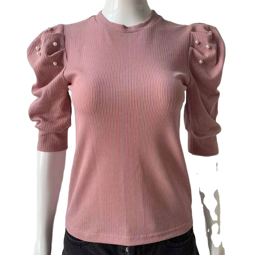 

OEM Beryl Fashion women puff sleeve o neck T shirt Tops with pearls