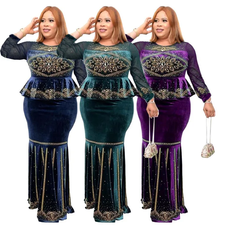 

2021 Autumn Winter African Fashion Women Velvet Evening Party Dress Elegant Diamonds Ladies Long Dress