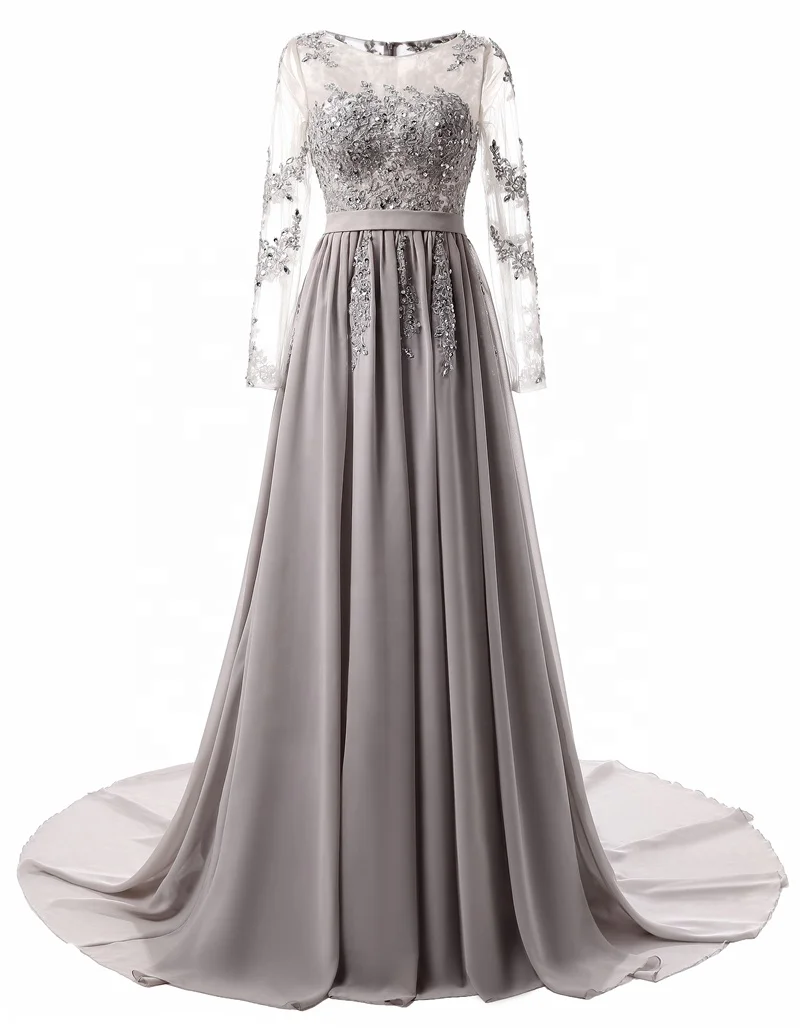 

Multiple Colors Long Sleeve Appliqued Gauze Evening Dresses With Sweep Train