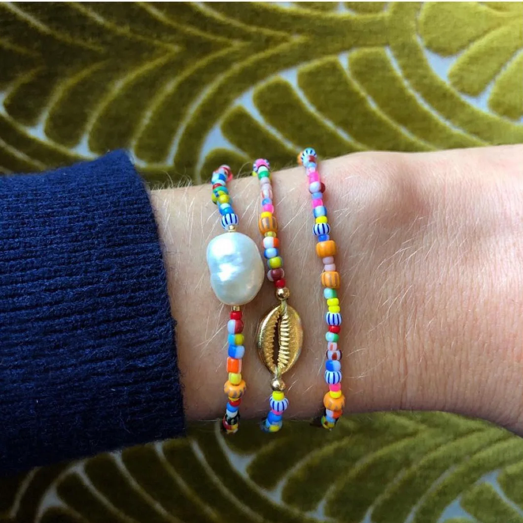 

Bohemian Colorful Miyuki Rice Beads Shell Charm Handmade Bracelet Natural Freshwater Baroque Pearl Bracelet for Women