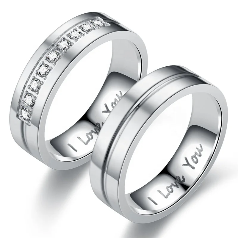 

Wedding Anniversary Jewelry White Gold Couple Ring Stainless Steel Diamond Wedding Ring Set, Picture shows