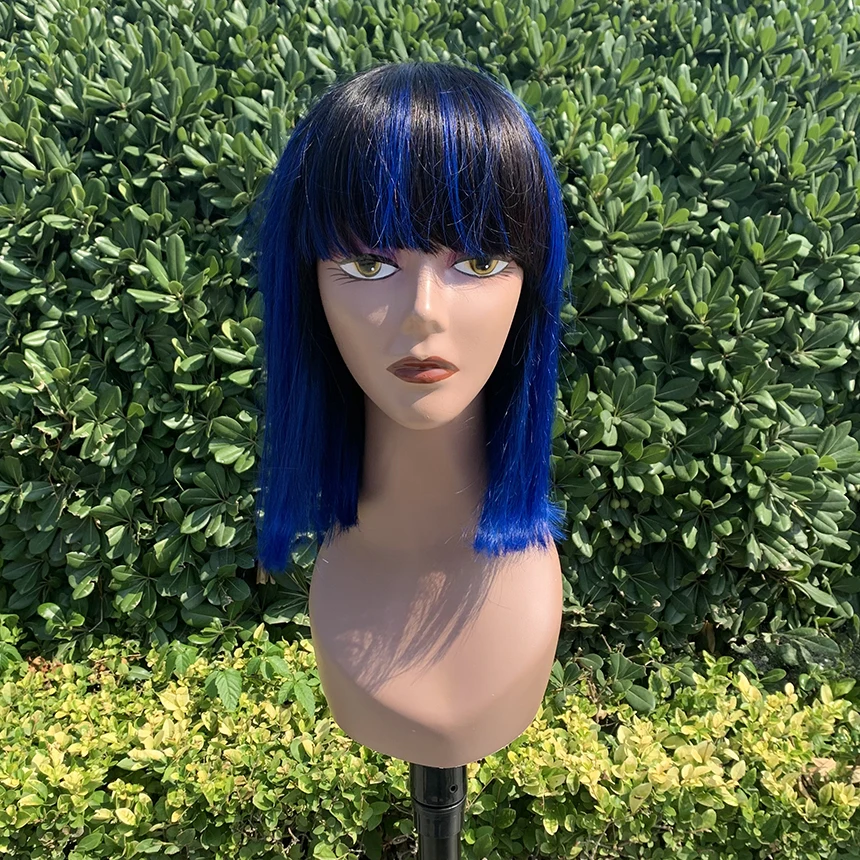 

Wholesale Short Straight Bob Wig Brazilian Remy Human Hair Wig for Women Ombre Color 1b/Blue Full Machine Made Bob Wig with Bang