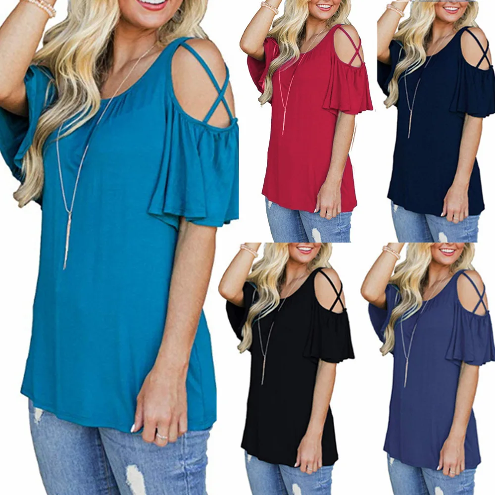 

WW-0071 Sell Like Hot Cakes On The New Solid Color Strapless Short Sleeve T-shirt Off Shoulder Womens Fashion Clothing Tops, Customized color