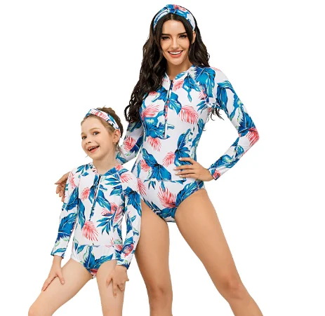

2021 New Design Safety and Comfort Material parent-child Long Sleeve One Piece Swimsuit, White and blue