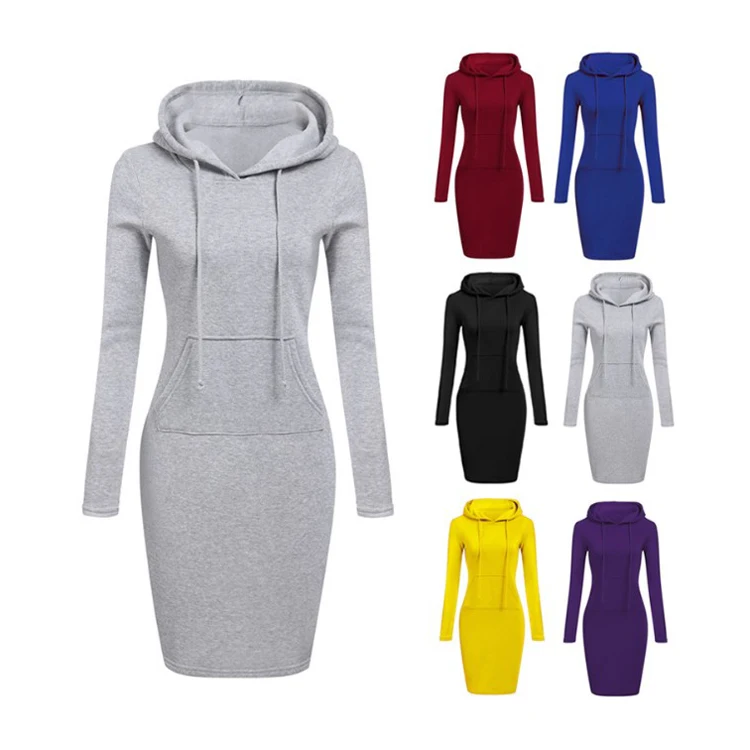 

Hooded Hoodie Dress For Women Autumn Winter Fleece Solid Hoodies With Pockets Women's Sweatshirt Dresses Casual Vestidos, Customized color/as show