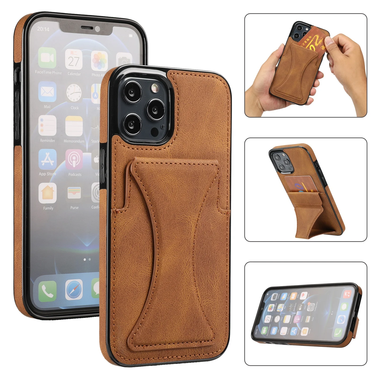 

Amazon hot selling Leather Bag Pouch Purse Card Holder custom leather wallet mobile phone case for iPhone 12 pro max
