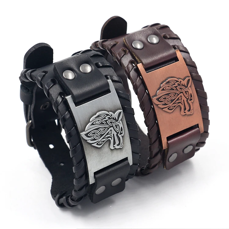 

European and American Personality Zinc Alloy Wolf Head Adjustable Metal Buckle Wide Genuine Leather Cuff Bracelet for women men, Black,brown