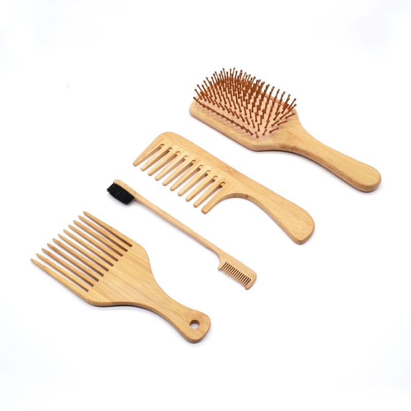 

Custom Logo Low MOQ Eco-friendly Natural 4PCS Hair Brush Bamboo Wide Tooth Comb Bamboo Afro Pick Hair Brush Set