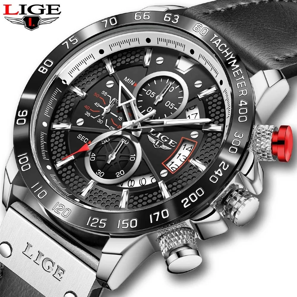 

LIGE 8929 Men Quartz Watch leather 24 hour moon Phase Sport luxury waterproof mens set watch