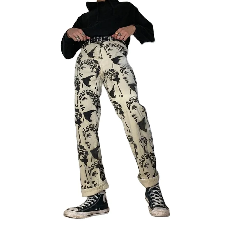 

2021 White Denim Jeans Loose washed Digital Print Straight Jeans Male Trouser Men Pants