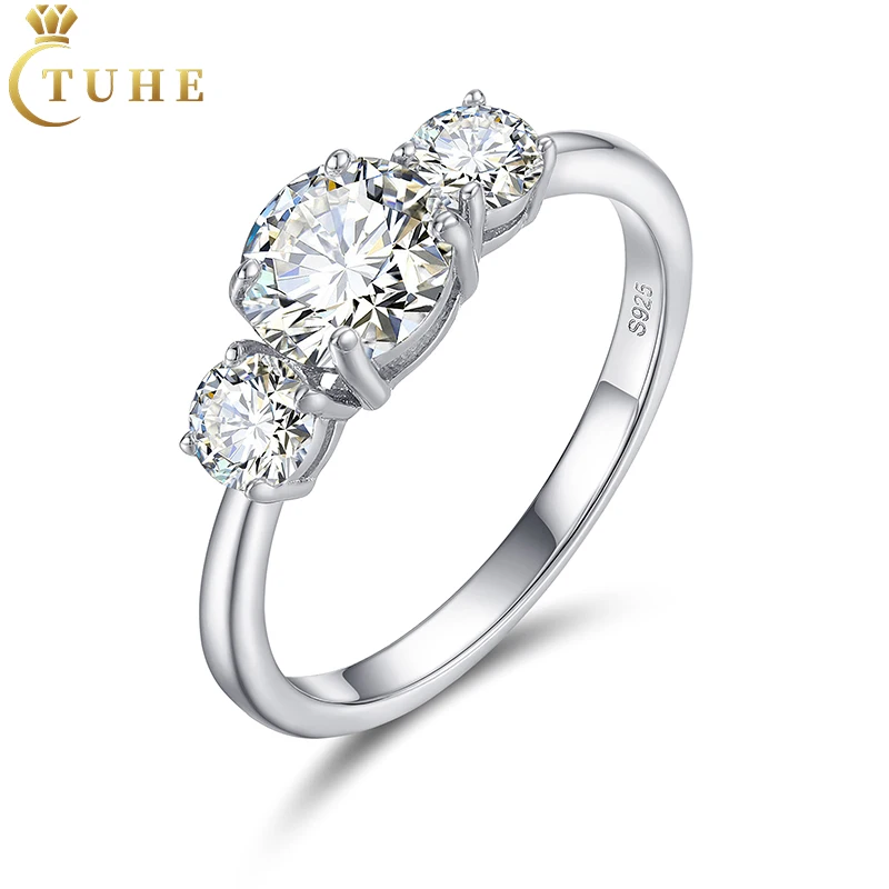 

Engagement Jewlery Women 6.5mm White Gold Plated 925 Sterling Silver VVS Moissanite Diamond Three Stone Wedding Ring