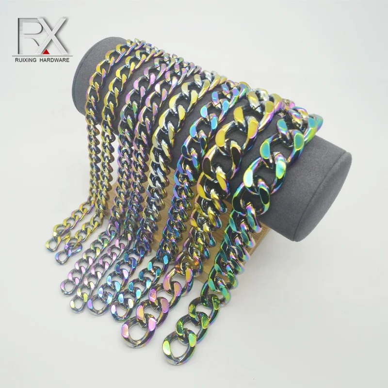 

wholesales rainbow color all sizes of iron zinc alloy chain flat chain for purse strap decorative metal chain for handbag wallet