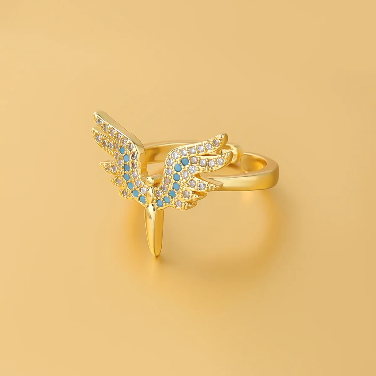 

New Arrival Real Gold Plated Blue CZ Angel Wings Open Ring Colorful Crystal Star Hollow Heart Rings For Gift